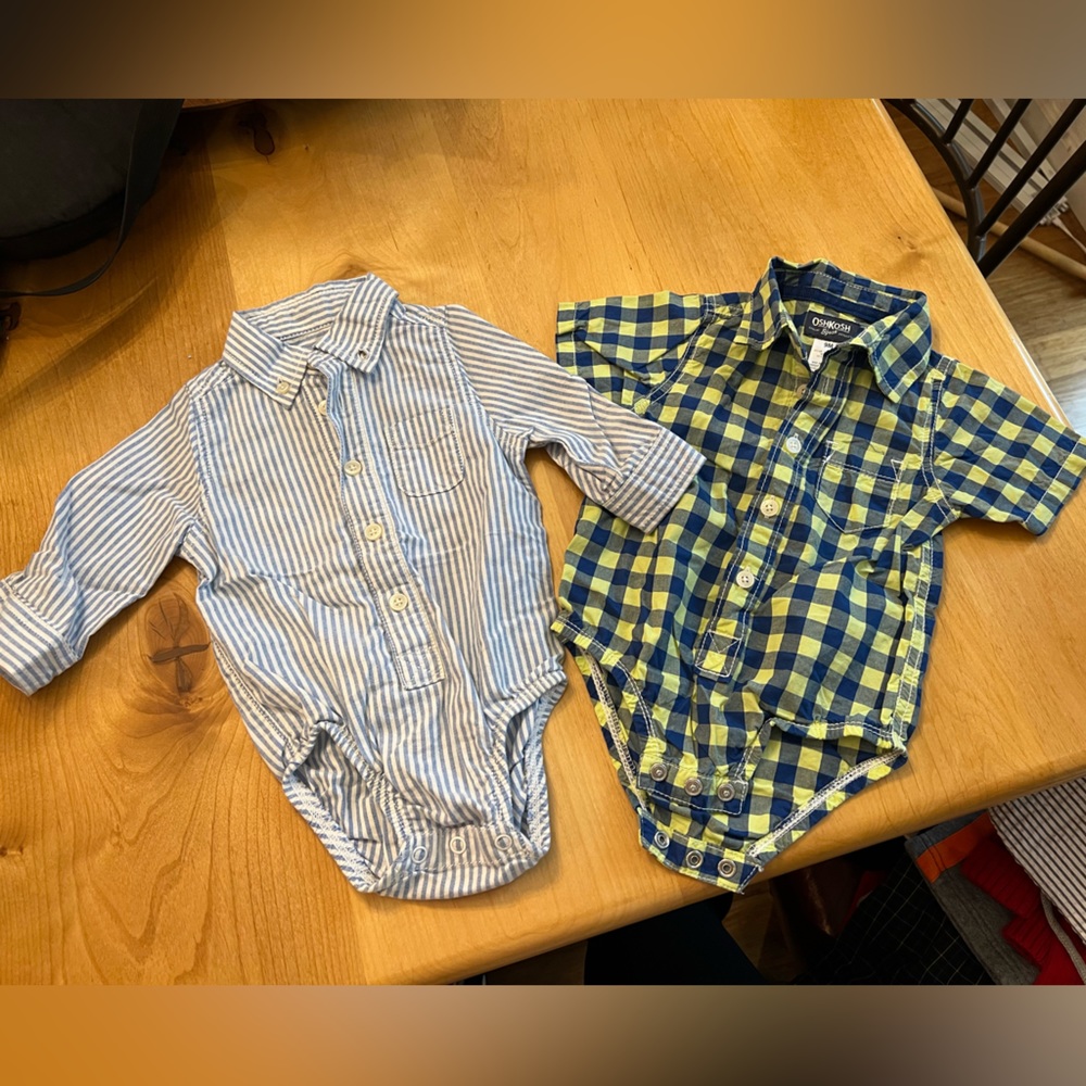 Baby boys striped and plaid button down onesies